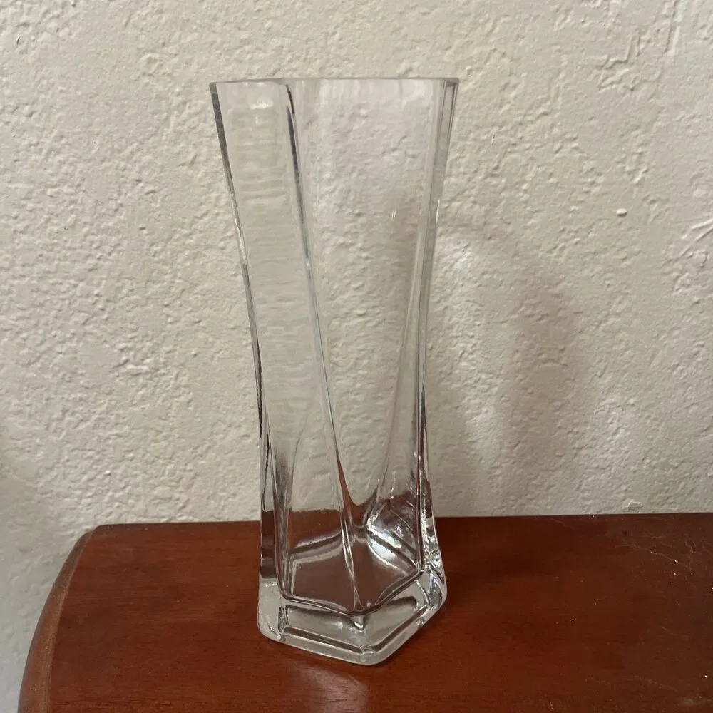 Vintage Glass Vase Twisted Hexagon Flare Top 9.25 In Heavy Glass Clear Elegant A